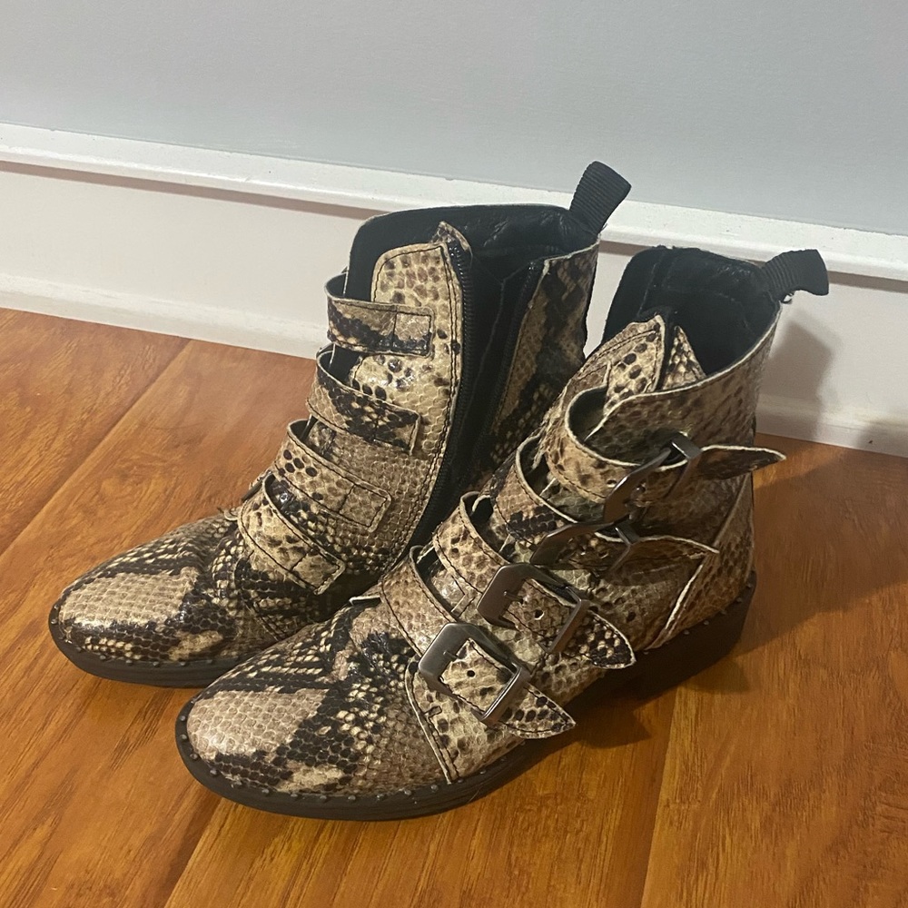 Steve Madden Snake Print Buckle Ankle Boots in Brown